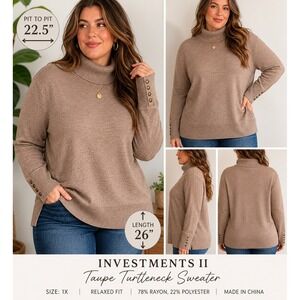 Investments II Womens 1X Taupe Turtleneck Sweater Button Cuff Soft Knit Brown